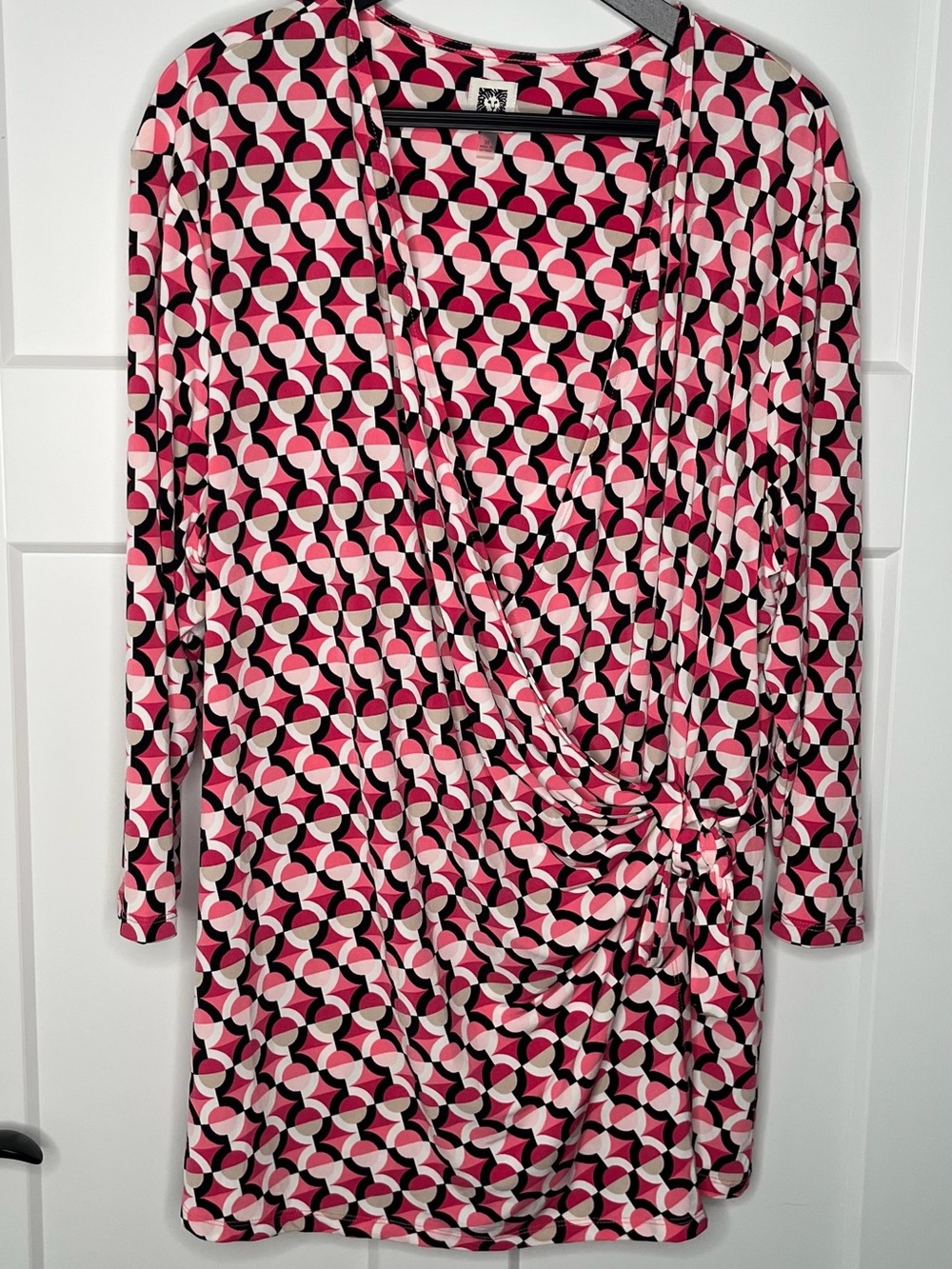 Anne Klein Pink & Black Geometric V Neck Wrap-Style Blouse Plus Size 3X